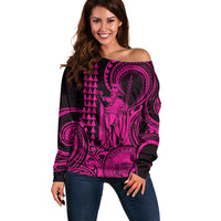 Custom Happy King Kamehameha Day Hawaii Off Shoulder Sweater Paradise of the Pacific Tribal Kakau with Kanaka Maoli - Pink - Wonder Print Shop