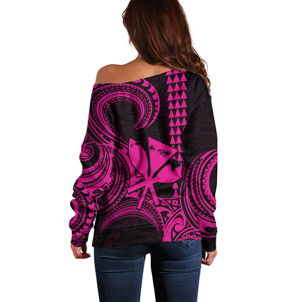 Custom Happy King Kamehameha Day Hawaii Off Shoulder Sweater Paradise of the Pacific Tribal Kakau with Kanaka Maoli - Pink - Wonder Print Shop