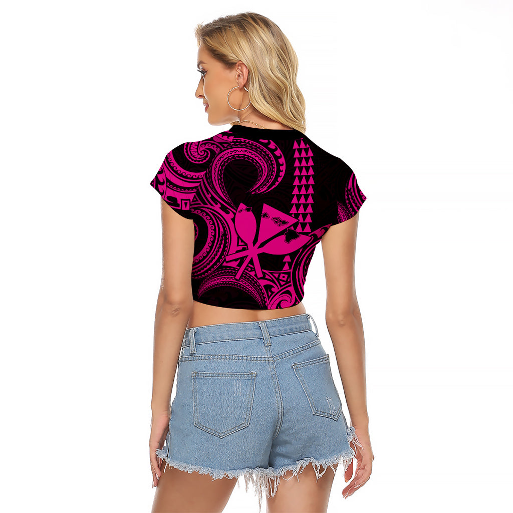 Custom Happy King Kamehameha Day Hawaii Raglan Cropped T Shirt Paradise of the Pacific Tribal Kakau with Kanaka Maoli - Pink - Wonder Print Shop