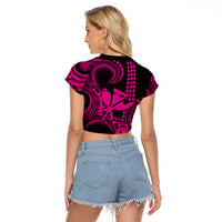 Custom Happy King Kamehameha Day Hawaii Raglan Cropped T Shirt Paradise of the Pacific Tribal Kakau with Kanaka Maoli - Pink - Wonder Print Shop