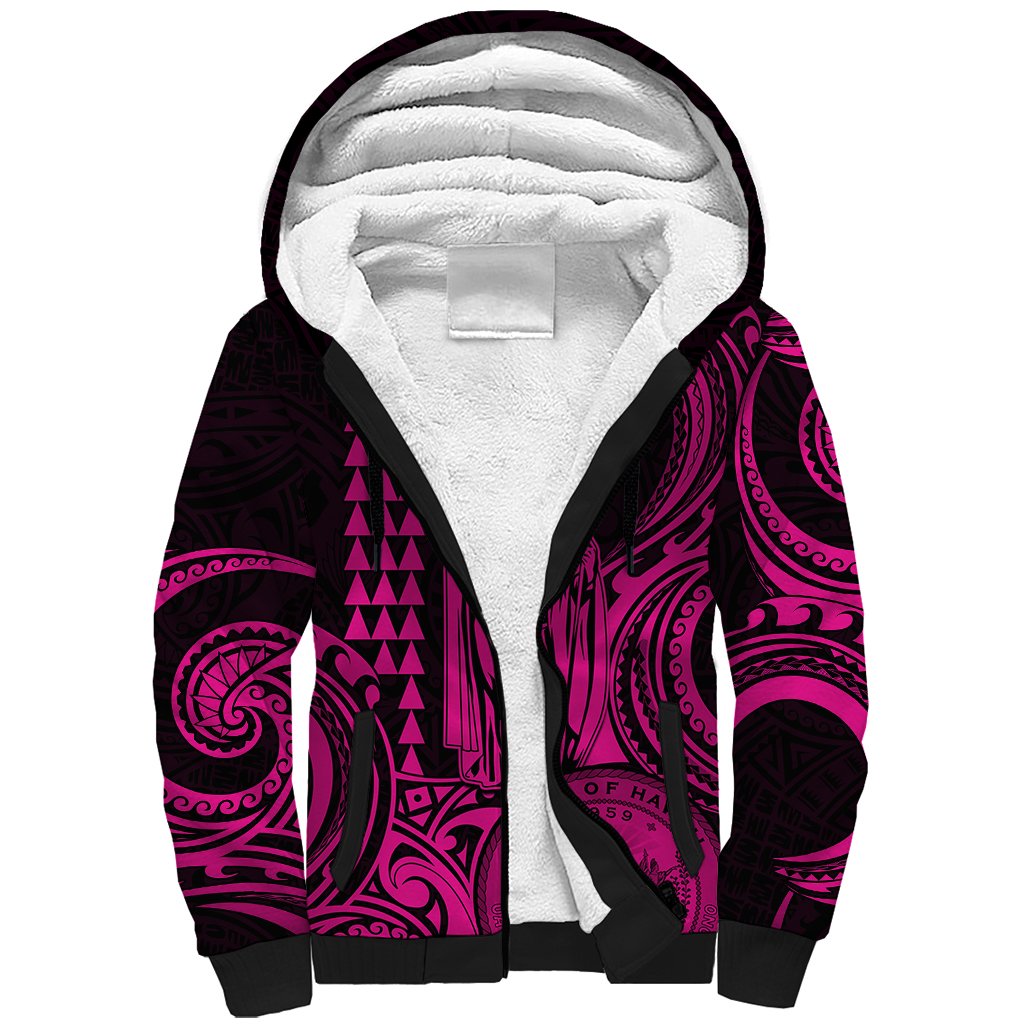 Custom Happy King Kamehameha Day Hawaii Sherpa Hoodie Paradise of the Pacific Tribal Kakau with Kanaka Maoli - Pink - Wonder Print Shop