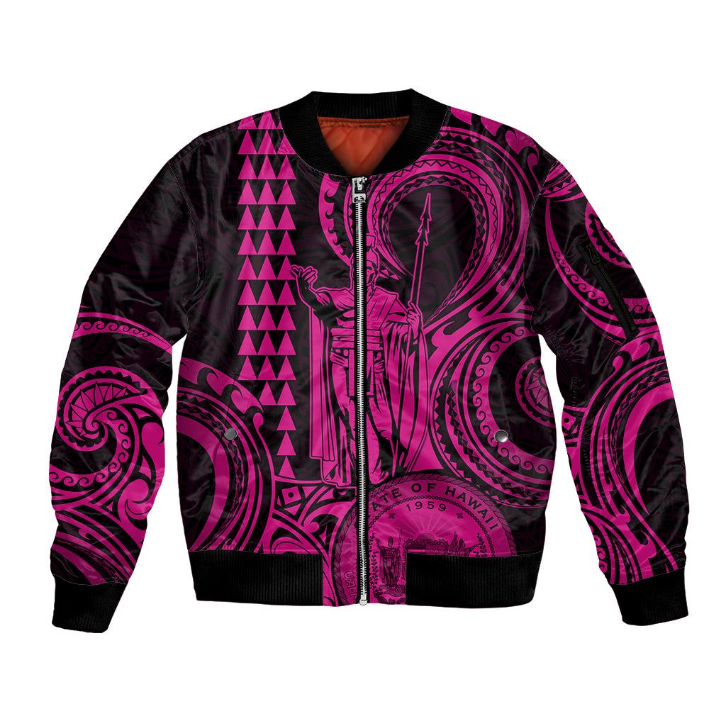 Custom Happy King Kamehameha Day Hawaii Sleeve Zip Bomber Jacket Paradise of the Pacific Tribal Kakau with Kanaka Maoli - Pink - Wonder Print Shop