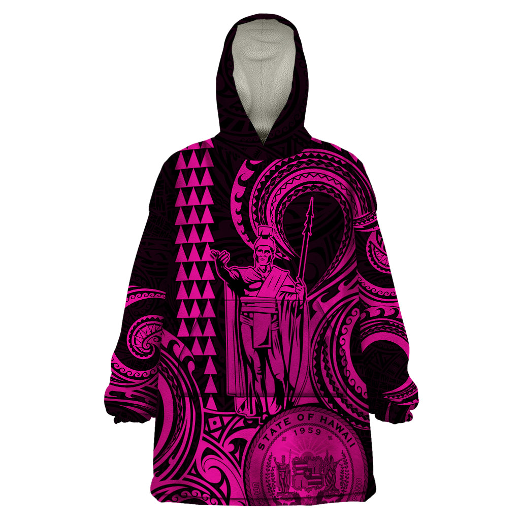 Custom Happy King Kamehameha Day Hawaii Wearable Blanket Hoodie Paradise of the Pacific Tribal Kakau with Kanaka Maoli - Pink - Wonder Print Shop