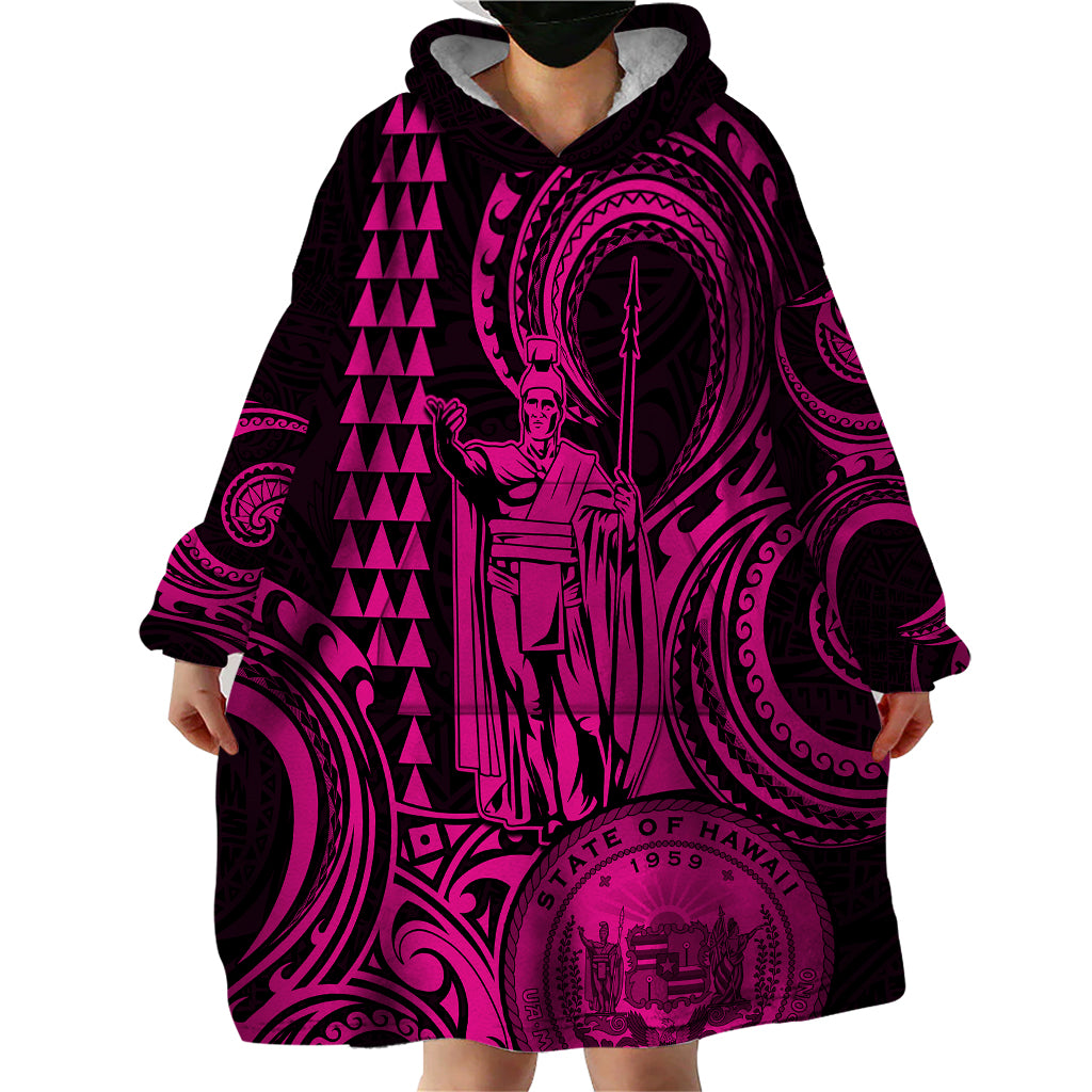 Custom Happy King Kamehameha Day Hawaii Wearable Blanket Hoodie Paradise of the Pacific Tribal Kakau with Kanaka Maoli - Pink - Wonder Print Shop