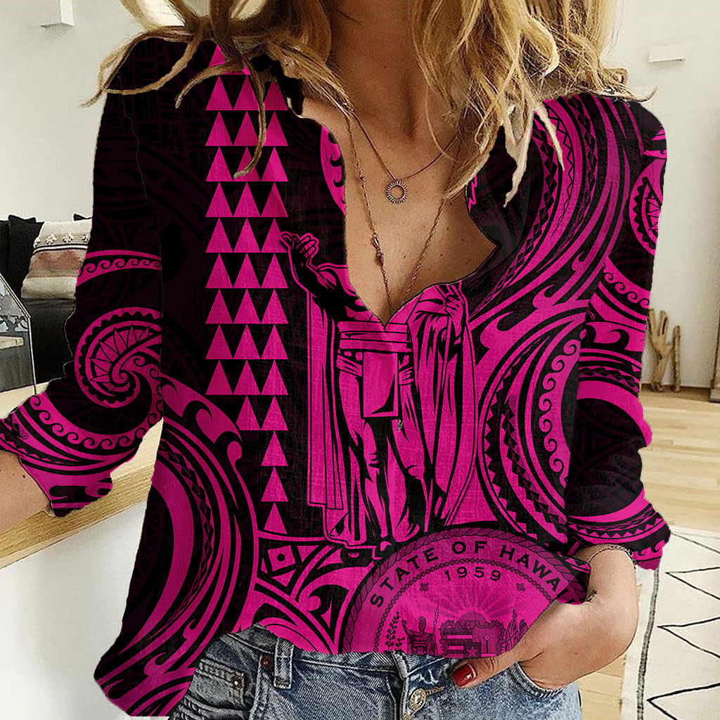 Custom Happy King Kamehameha Day Hawaii Women Casual Shirt Paradise of the Pacific Tribal Kakau with Kanaka Maoli - Pink - Wonder Print Shop