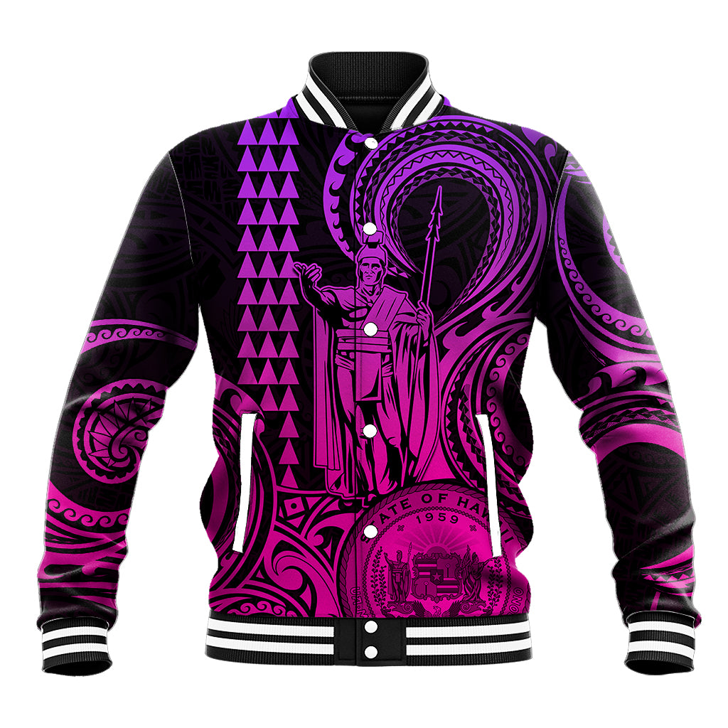 Custom Happy King Kamehameha Day Hawaii Baseball Jacket Paradise of the Pacific Tribal Kakau with Kanaka Maoli - Pink Gradient LT9 - Wonder Print Shop
