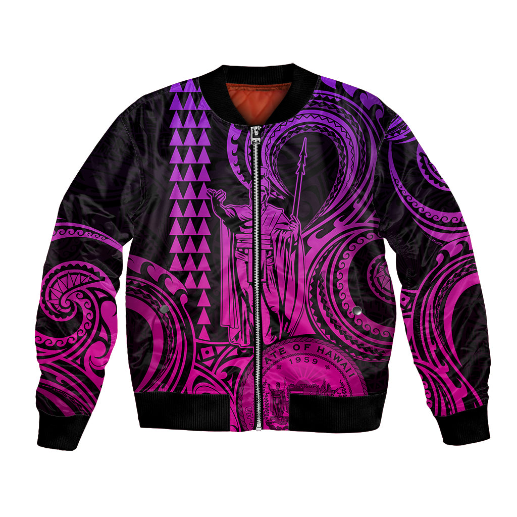Custom Happy King Kamehameha Day Hawaii Bomber Jacket Paradise of the Pacific Tribal Kakau with Kanaka Maoli - Pink Gradient LT9 - Wonder Print Shop