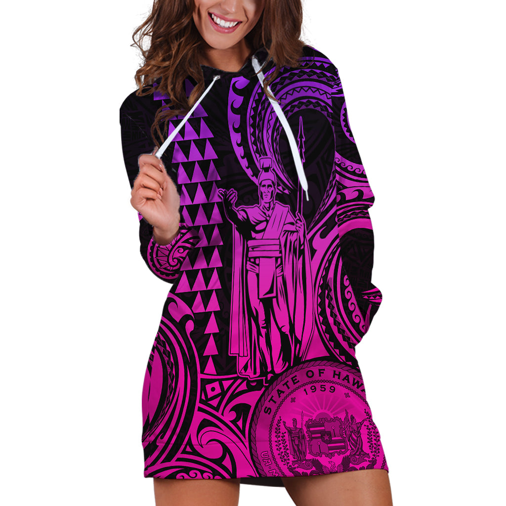 Custom Happy King Kamehameha Day Hawaii Hoodie Dress Paradise of the Pacific Tribal Kakau with Kanaka Maoli - Pink Gradient - Wonder Print Shop