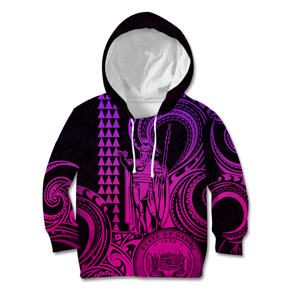 Custom Happy King Kamehameha Day Hawaii Kid Hoodie Paradise of the Pacific Tribal Kakau with Kanaka Maoli - Pink Gradient - Wonder Print Shop