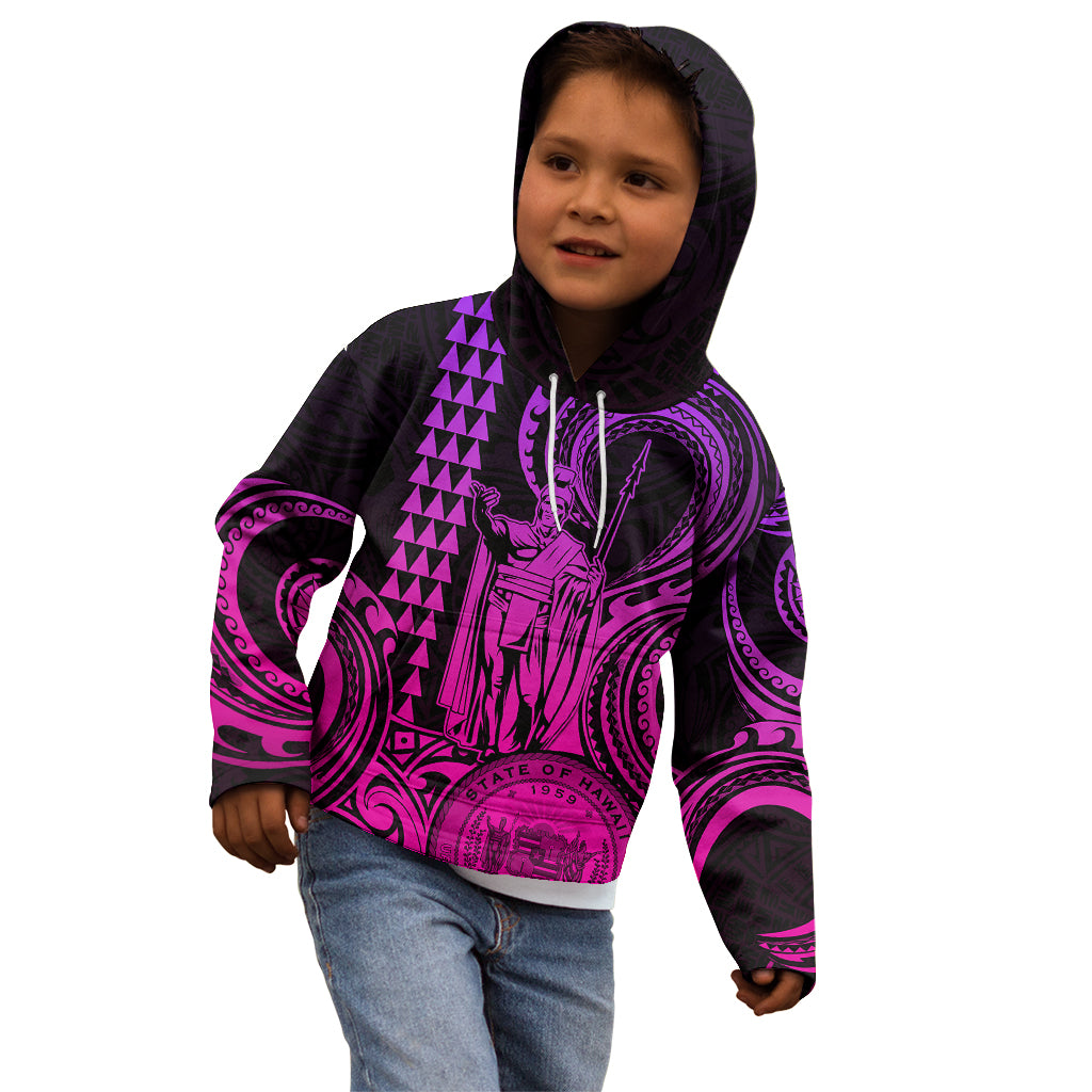 Custom Happy King Kamehameha Day Hawaii Kid Hoodie Paradise of the Pacific Tribal Kakau with Kanaka Maoli - Pink Gradient - Wonder Print Shop