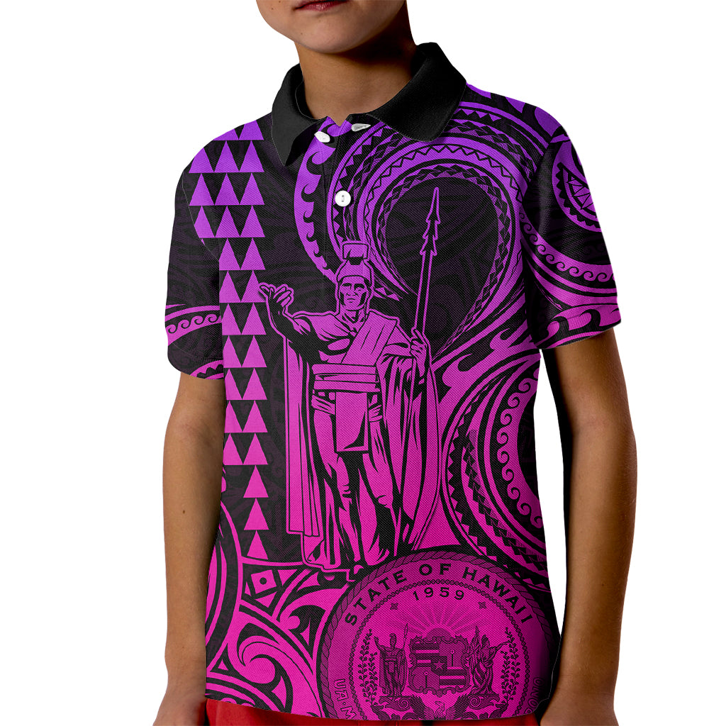 Custom Happy King Kamehameha Day Hawaii Kid Polo Shirt Paradise of the Pacific Tribal Kakau with Kanaka Maoli - Pink Gradient - Wonder Print Shop