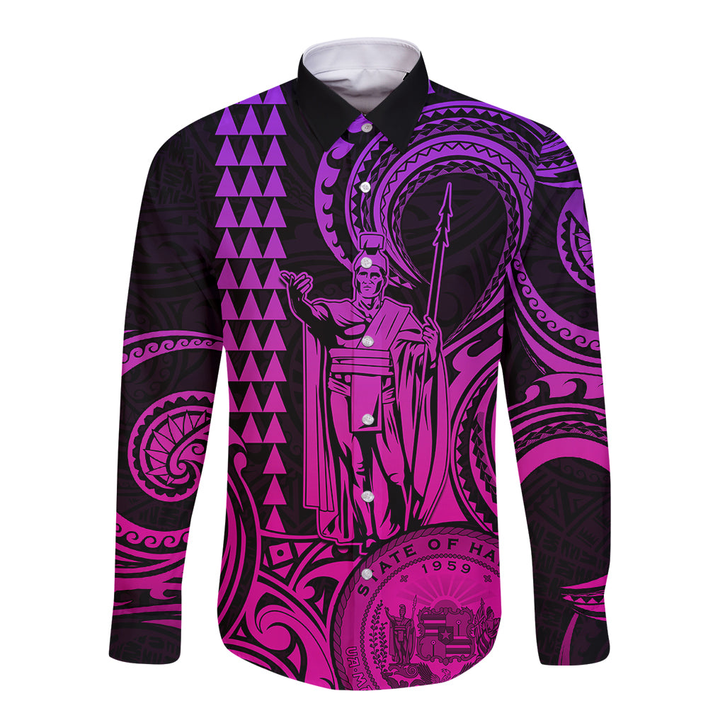 Custom Happy King Kamehameha Day Hawaii Long Sleeve Button Shirt Paradise of the Pacific Tribal Kakau with Kanaka Maoli - Pink Gradient - Wonder Print Shop