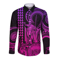 Custom Happy King Kamehameha Day Hawaii Long Sleeve Button Shirt Paradise of the Pacific Tribal Kakau with Kanaka Maoli - Pink Gradient - Wonder Print Shop