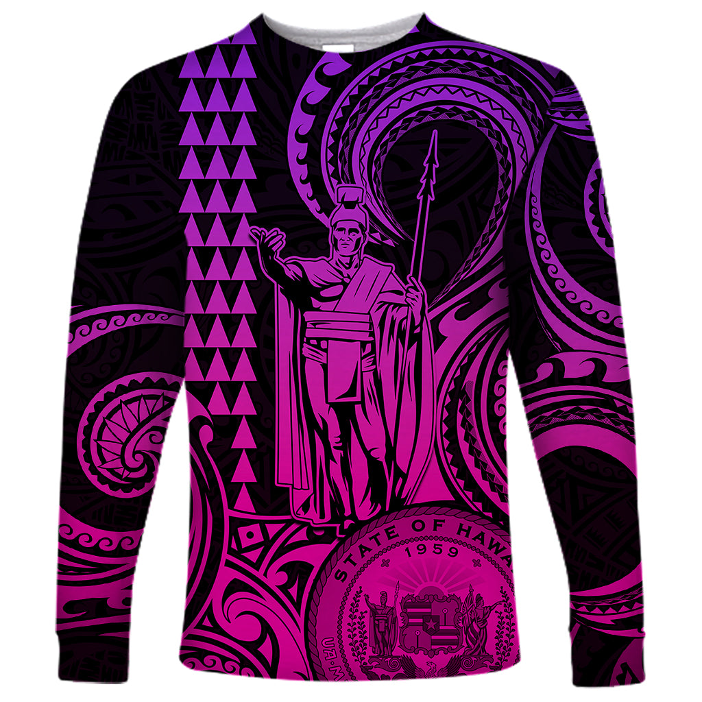 Custom Happy King Kamehameha Day Hawaii Long Sleeve Shirt Paradise of the Pacific Tribal Kakau with Kanaka Maoli - Pink Gradient - Wonder Print Shop