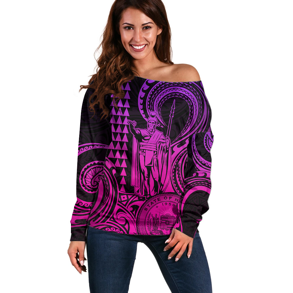 Custom Happy King Kamehameha Day Hawaii Off Shoulder Sweater Paradise of the Pacific Tribal Kakau with Kanaka Maoli - Pink Gradient - Wonder Print Shop