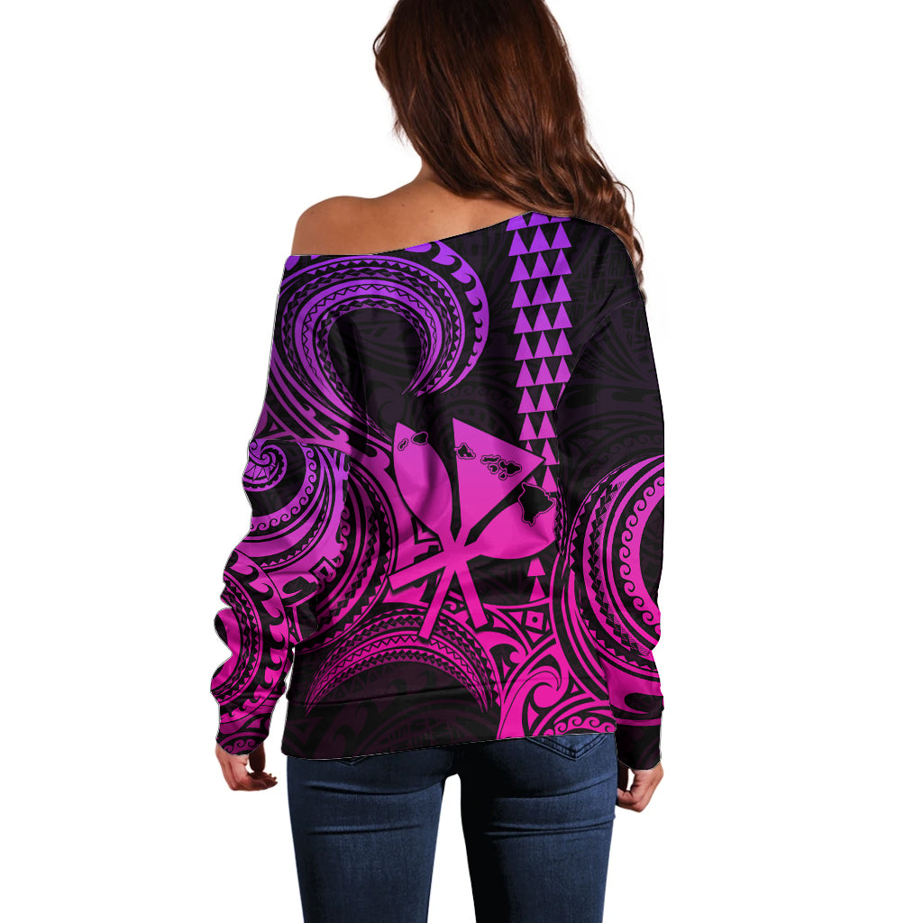 Custom Happy King Kamehameha Day Hawaii Off Shoulder Sweater Paradise of the Pacific Tribal Kakau with Kanaka Maoli - Pink Gradient - Wonder Print Shop