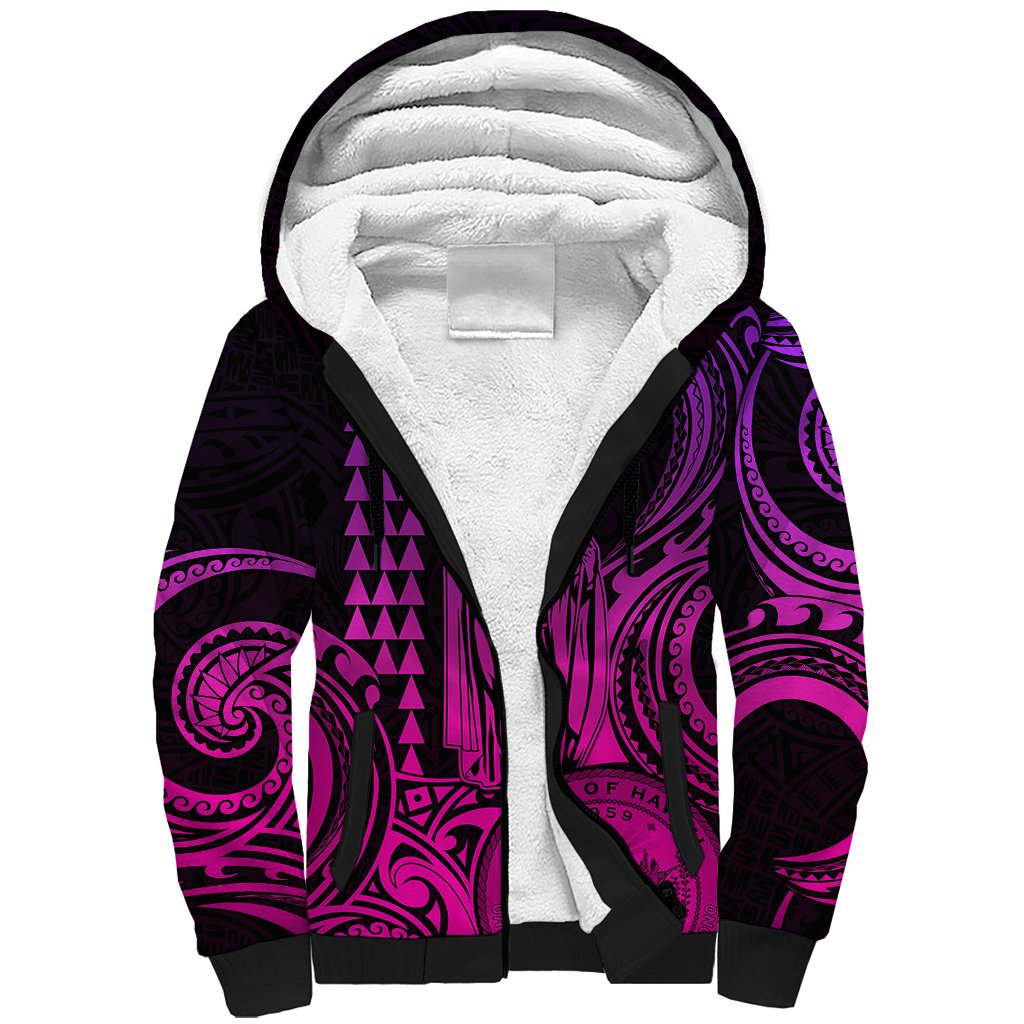 Custom Happy King Kamehameha Day Hawaii Sherpa Hoodie Paradise of the Pacific Tribal Kakau with Kanaka Maoli - Pink Gradient - Wonder Print Shop