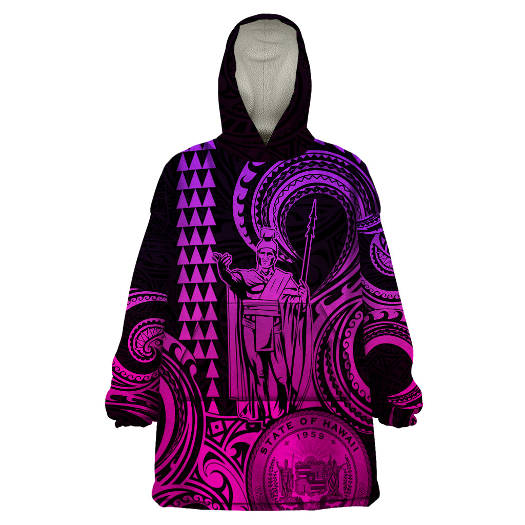 Custom Happy King Kamehameha Day Hawaii Wearable Blanket Hoodie Paradise of the Pacific Tribal Kakau with Kanaka Maoli - Pink Gradient - Wonder Print Shop