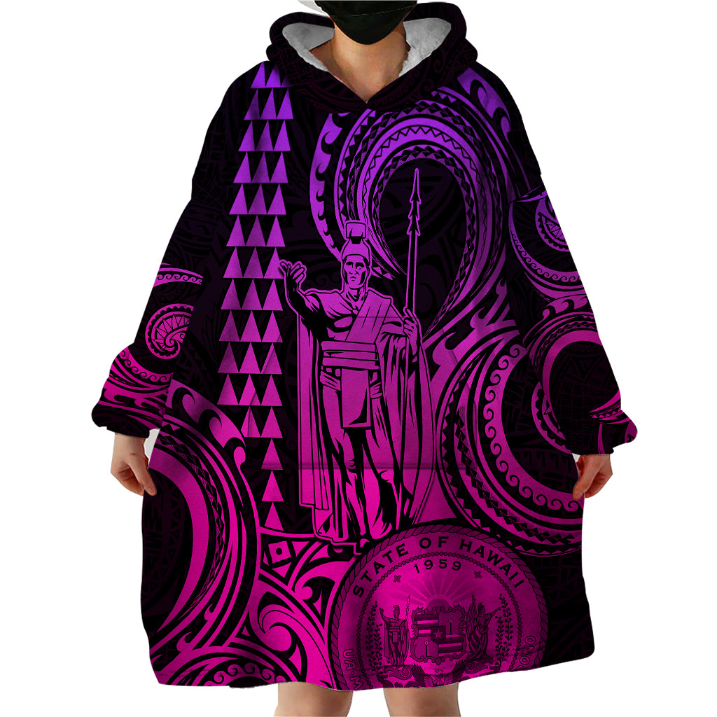 Custom Happy King Kamehameha Day Hawaii Wearable Blanket Hoodie Paradise of the Pacific Tribal Kakau with Kanaka Maoli - Pink Gradient - Wonder Print Shop