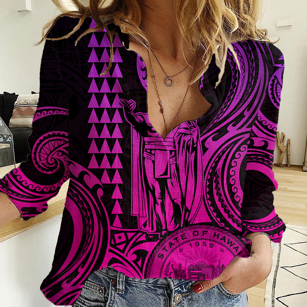 Custom Happy King Kamehameha Day Hawaii Women Casual Shirt Paradise of the Pacific Tribal Kakau with Kanaka Maoli - Pink Gradient - Wonder Print Shop