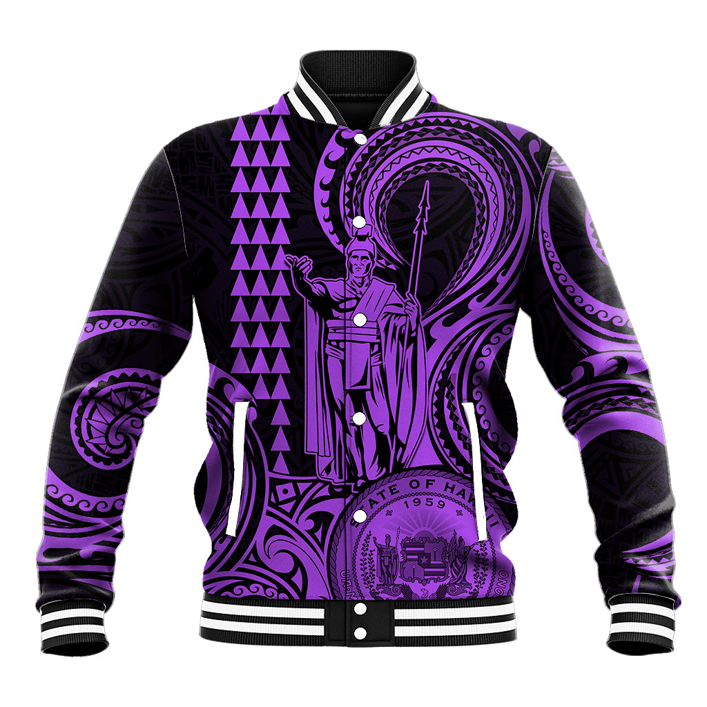 Custom Happy King Kamehameha Day Hawaii Baseball Jacket Paradise of the Pacific Tribal Kakau with Kanaka Maoli - Purple LT9 - Wonder Print Shop
