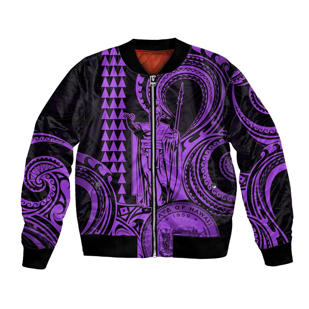 Custom Happy King Kamehameha Day Hawaii Bomber Jacket Paradise of the Pacific Tribal Kakau with Kanaka Maoli - Purple LT9 - Wonder Print Shop