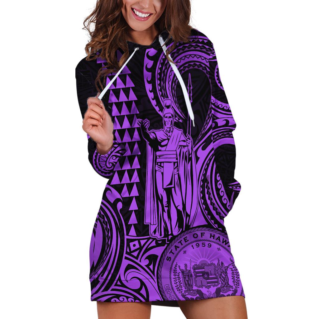 Custom Happy King Kamehameha Day Hawaii Hoodie Dress Paradise of the Pacific Tribal Kakau with Kanaka Maoli - Purple - Wonder Print Shop