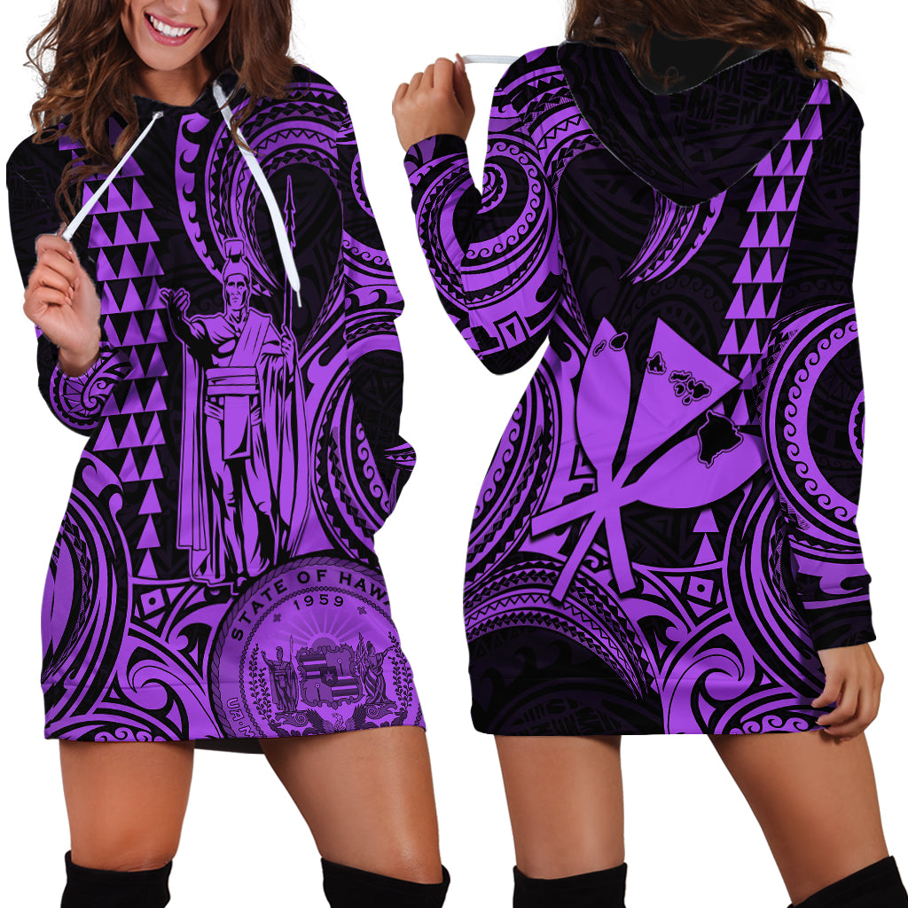 Custom Happy King Kamehameha Day Hawaii Hoodie Dress Paradise of the Pacific Tribal Kakau with Kanaka Maoli - Purple - Wonder Print Shop