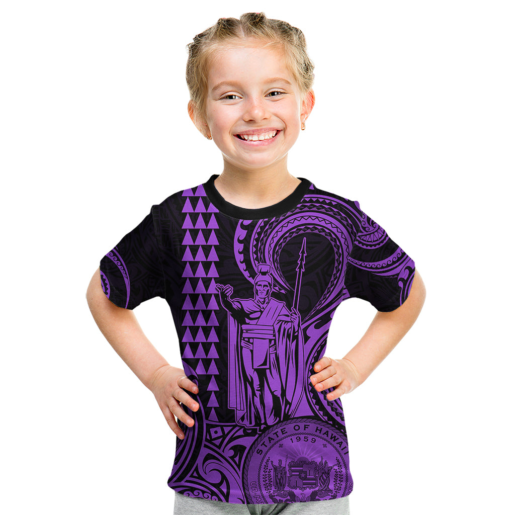 Custom Happy King Kamehameha Day Hawaii Kid T Shirt Paradise of the Pacific Tribal Kakau with Kanaka Maoli - Purple - Wonder Print Shop