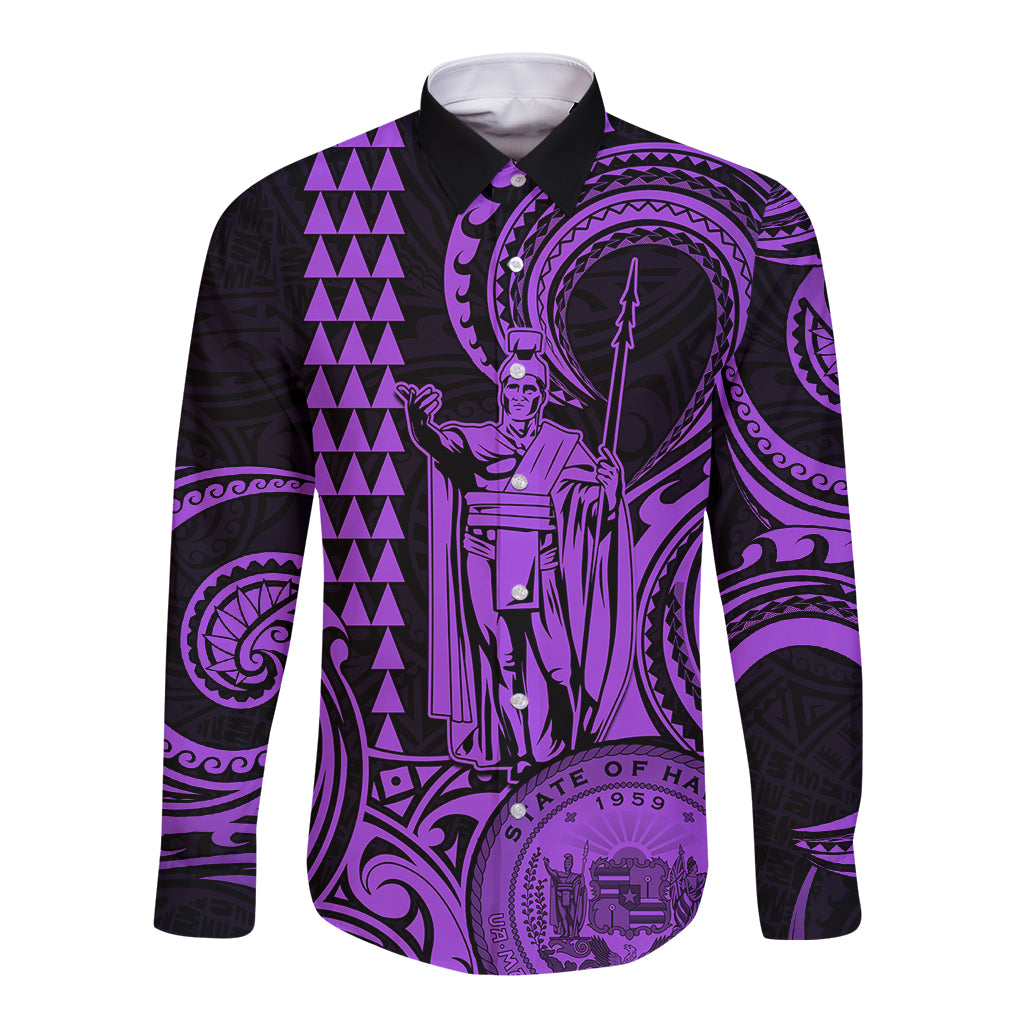 Custom Happy King Kamehameha Day Hawaii Long Sleeve Button Shirt Paradise of the Pacific Tribal Kakau with Kanaka Maoli - Purple - Wonder Print Shop