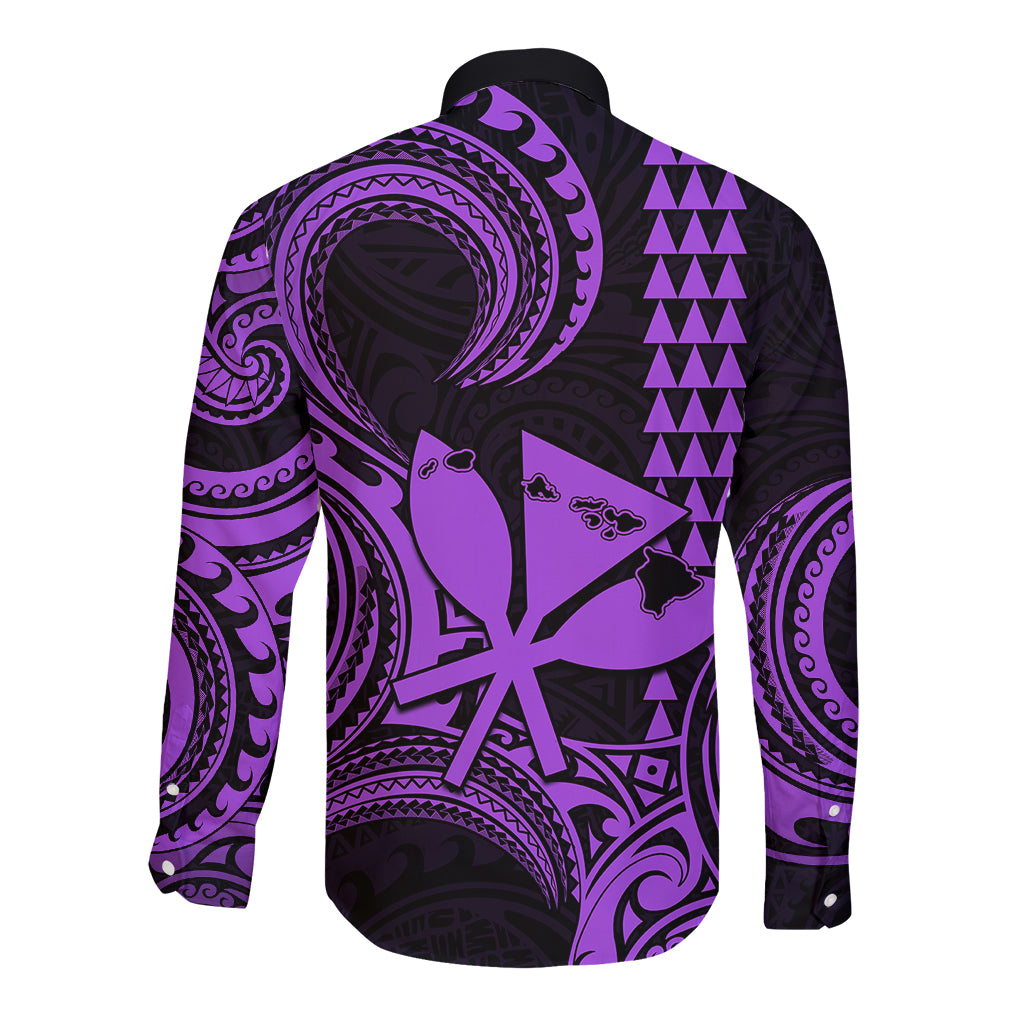 Custom Happy King Kamehameha Day Hawaii Long Sleeve Button Shirt Paradise of the Pacific Tribal Kakau with Kanaka Maoli - Purple - Wonder Print Shop