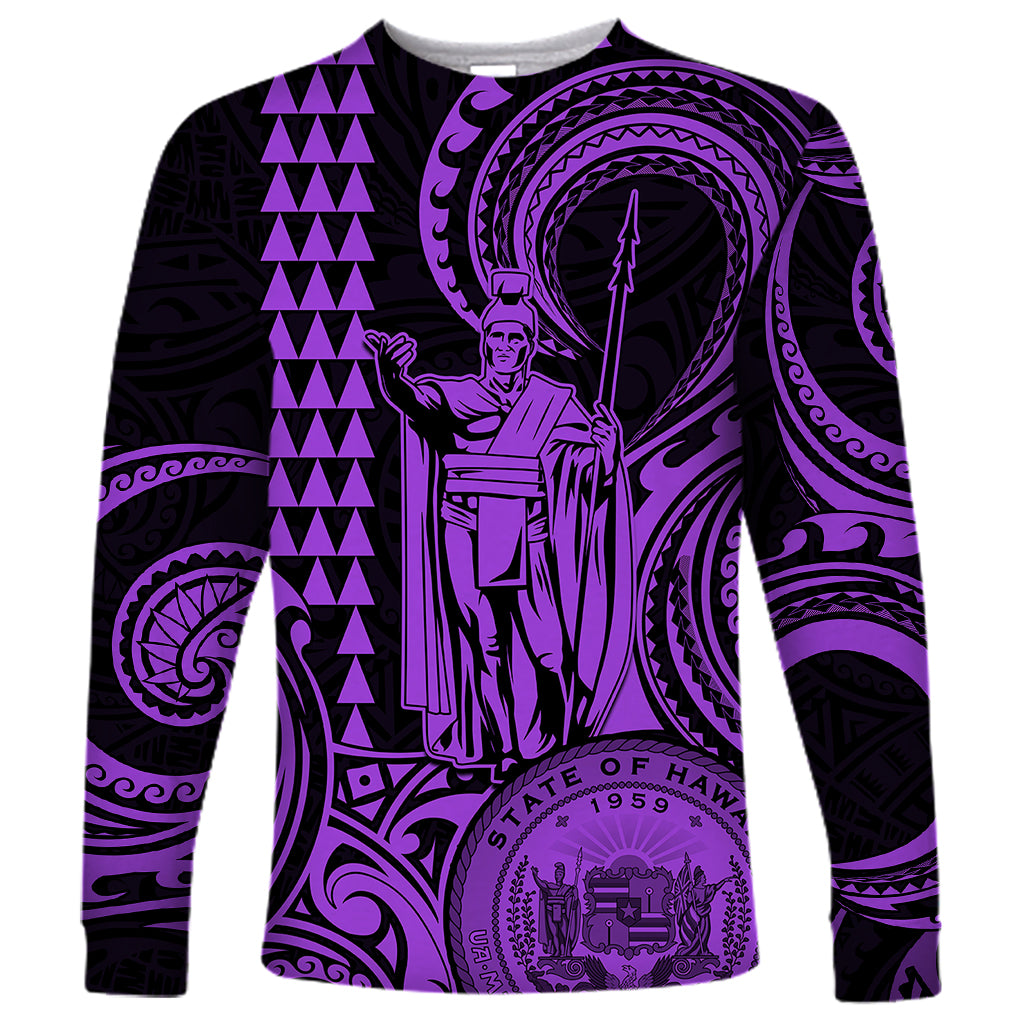 Custom Happy King Kamehameha Day Hawaii Long Sleeve Shirt Paradise of the Pacific Tribal Kakau with Kanaka Maoli - Purple - Wonder Print Shop