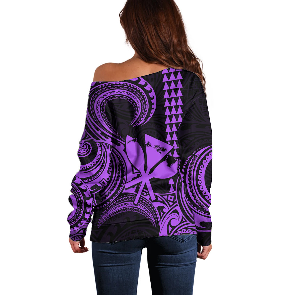 Custom Happy King Kamehameha Day Hawaii Off Shoulder Sweater Paradise of the Pacific Tribal Kakau with Kanaka Maoli - Purple - Wonder Print Shop