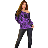 Custom Happy King Kamehameha Day Hawaii Off Shoulder Sweater Paradise of the Pacific Tribal Kakau with Kanaka Maoli - Purple - Wonder Print Shop