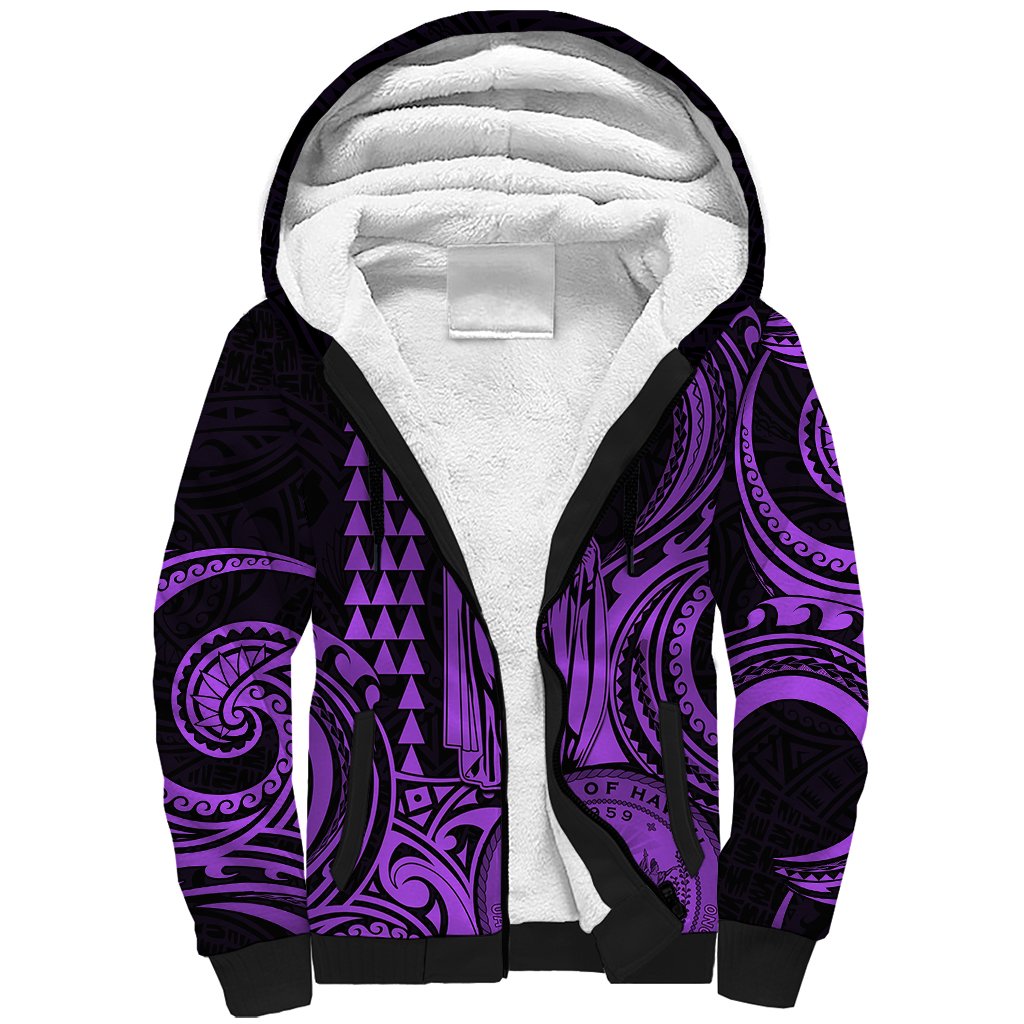 Custom Happy King Kamehameha Day Hawaii Sherpa Hoodie Paradise of the Pacific Tribal Kakau with Kanaka Maoli - Purple - Wonder Print Shop