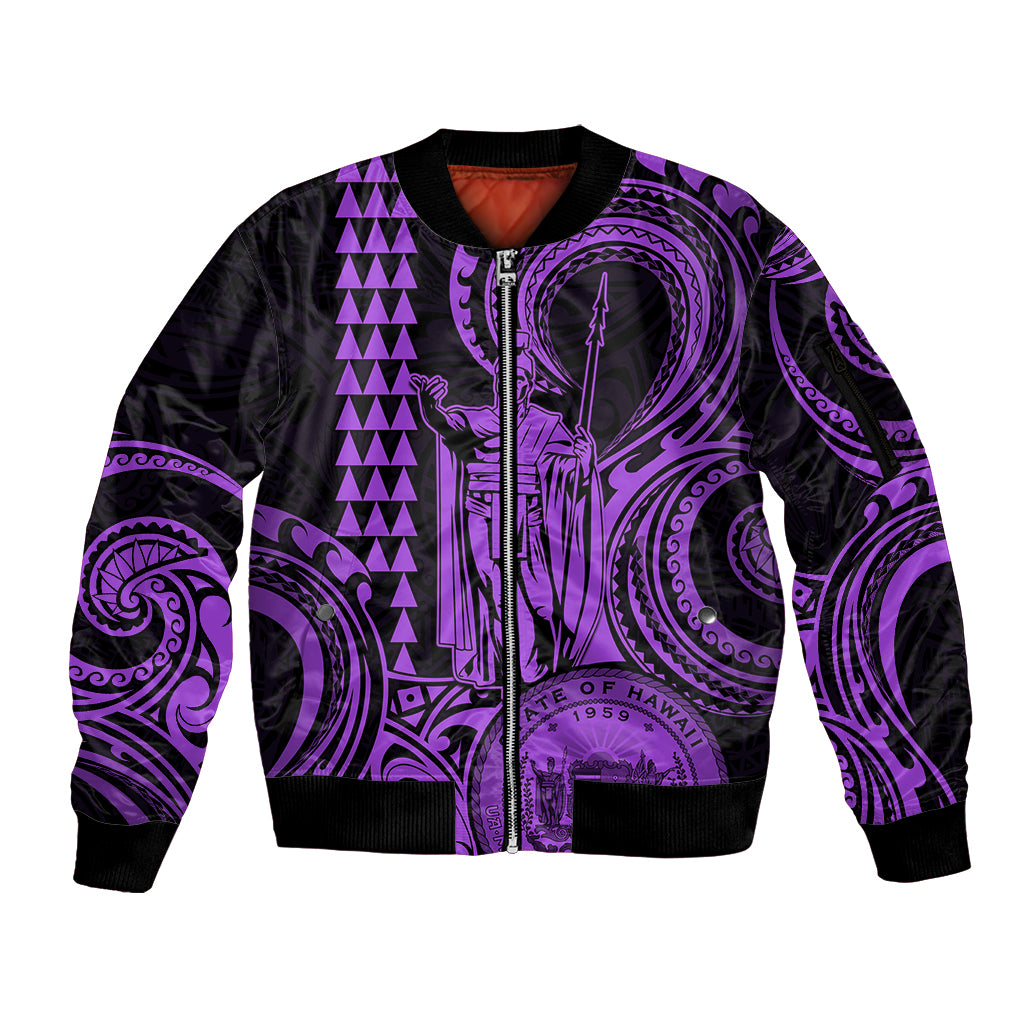 Custom Happy King Kamehameha Day Hawaii Sleeve Zip Bomber Jacket Paradise of the Pacific Tribal Kakau with Kanaka Maoli - Purple - Wonder Print Shop
