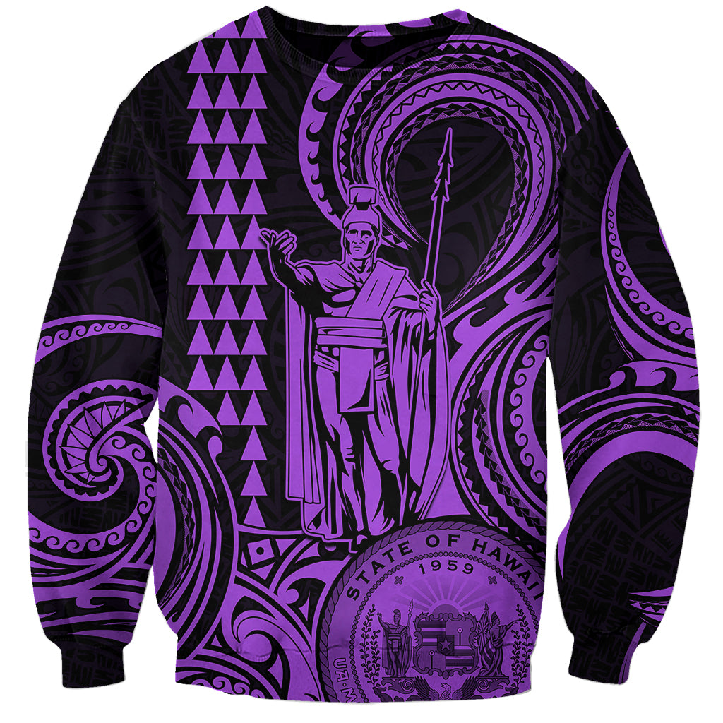 Custom Happy King Kamehameha Day Hawaii Sweatshirt Paradise of the Pacific Tribal Kakau with Kanaka Maoli - Purple - Wonder Print Shop
