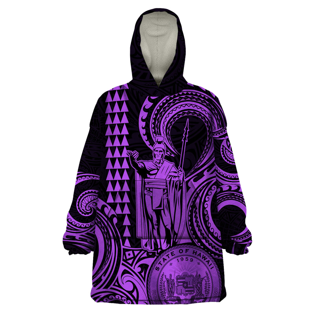 Custom Happy King Kamehameha Day Hawaii Wearable Blanket Hoodie Paradise of the Pacific Tribal Kakau with Kanaka Maoli - Purple - Wonder Print Shop