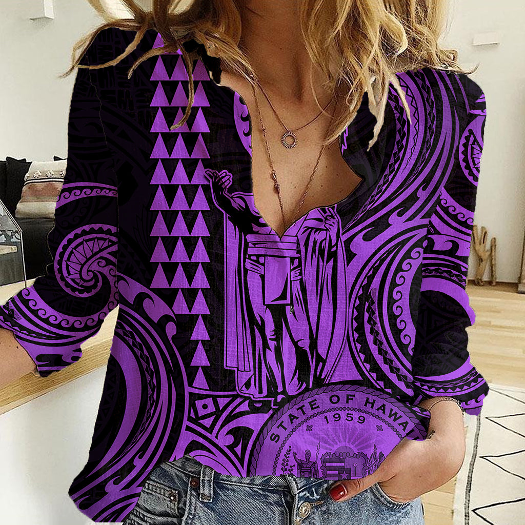 Custom Happy King Kamehameha Day Hawaii Women Casual Shirt Paradise of the Pacific Tribal Kakau with Kanaka Maoli - Purple - Wonder Print Shop