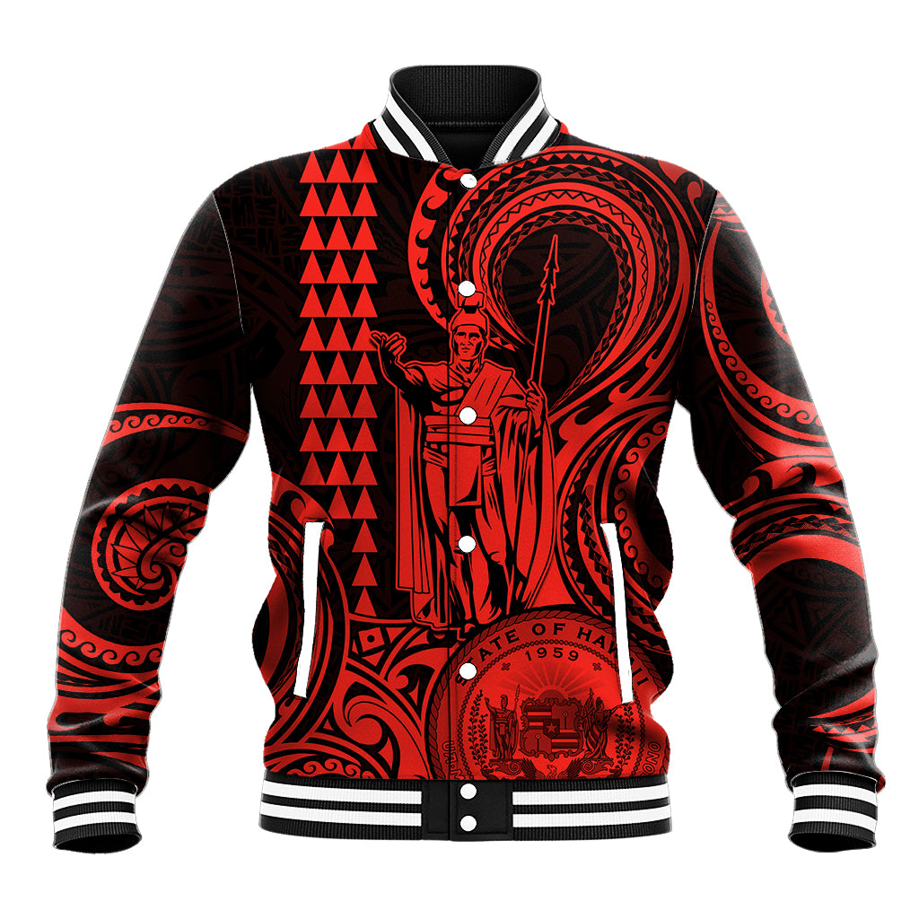 Custom Happy King Kamehameha Day Hawaii Baseball Jacket Paradise of the Pacific Tribal Kakau with Kanaka Maoli - Red LT9 - Wonder Print Shop