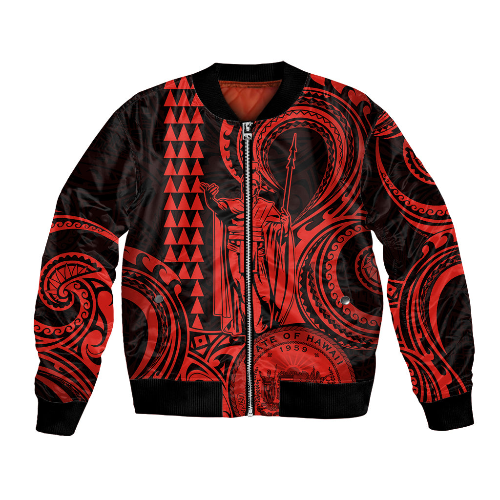 Custom Happy King Kamehameha Day Hawaii Bomber Jacket Paradise of the Pacific Tribal Kakau with Kanaka Maoli - Red LT9 - Wonder Print Shop