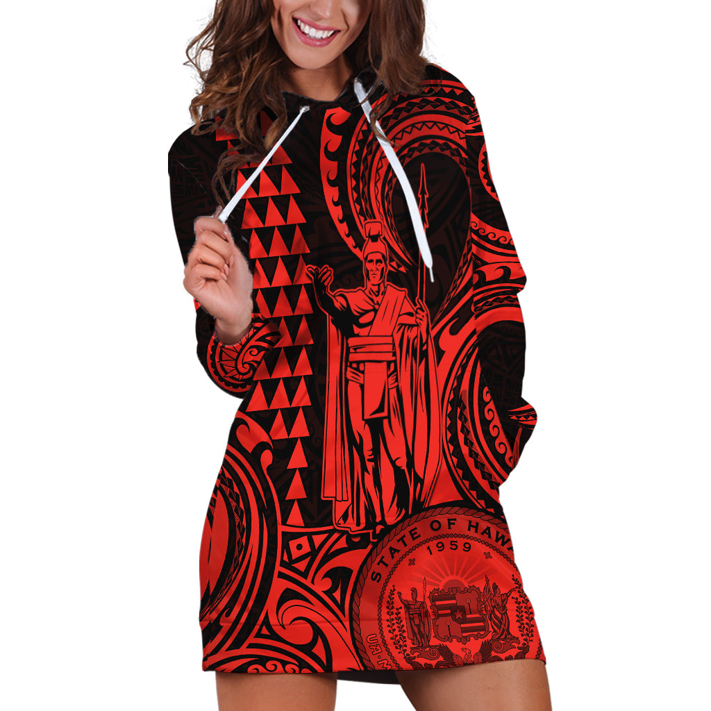Custom Happy King Kamehameha Day Hawaii Hoodie Dress Paradise of the Pacific Tribal Kakau with Kanaka Maoli - Red - Wonder Print Shop