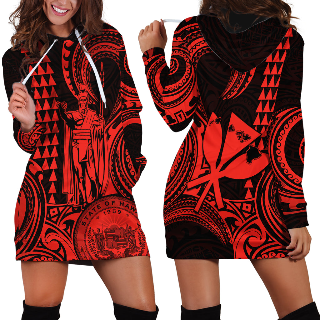 Custom Happy King Kamehameha Day Hawaii Hoodie Dress Paradise of the Pacific Tribal Kakau with Kanaka Maoli - Red - Wonder Print Shop