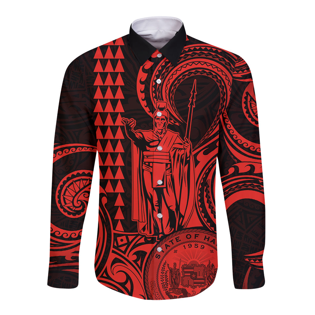 Custom Happy King Kamehameha Day Hawaii Long Sleeve Button Shirt Paradise of the Pacific Tribal Kakau with Kanaka Maoli - Red - Wonder Print Shop