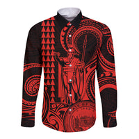 Custom Happy King Kamehameha Day Hawaii Long Sleeve Button Shirt Paradise of the Pacific Tribal Kakau with Kanaka Maoli - Red - Wonder Print Shop