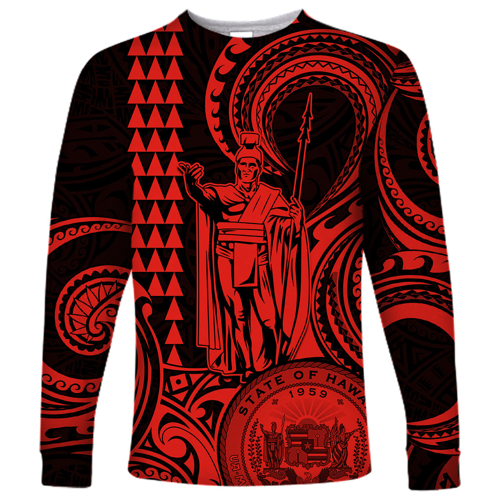 Custom Happy King Kamehameha Day Hawaii Long Sleeve Shirt Paradise of the Pacific Tribal Kakau with Kanaka Maoli - Red - Wonder Print Shop