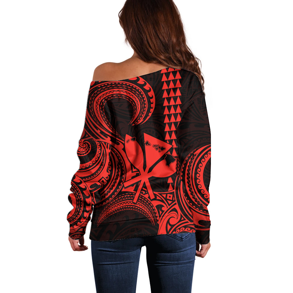 Custom Happy King Kamehameha Day Hawaii Off Shoulder Sweater Paradise of the Pacific Tribal Kakau with Kanaka Maoli - Red - Wonder Print Shop