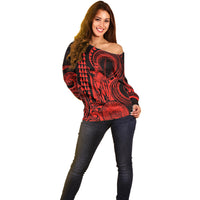 Custom Happy King Kamehameha Day Hawaii Off Shoulder Sweater Paradise of the Pacific Tribal Kakau with Kanaka Maoli - Red - Wonder Print Shop