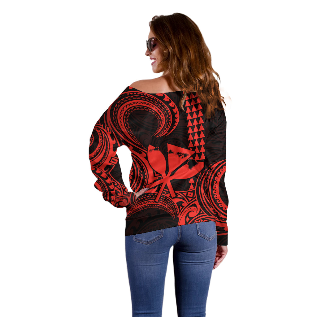 Custom Happy King Kamehameha Day Hawaii Off Shoulder Sweater Paradise of the Pacific Tribal Kakau with Kanaka Maoli - Red - Wonder Print Shop