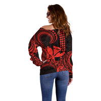 Custom Happy King Kamehameha Day Hawaii Off Shoulder Sweater Paradise of the Pacific Tribal Kakau with Kanaka Maoli - Red - Wonder Print Shop